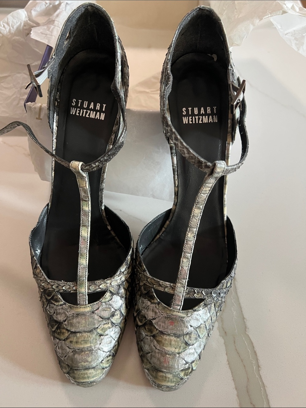 Stuart Weitzman Metallic Snake-Print T-Strap Heels